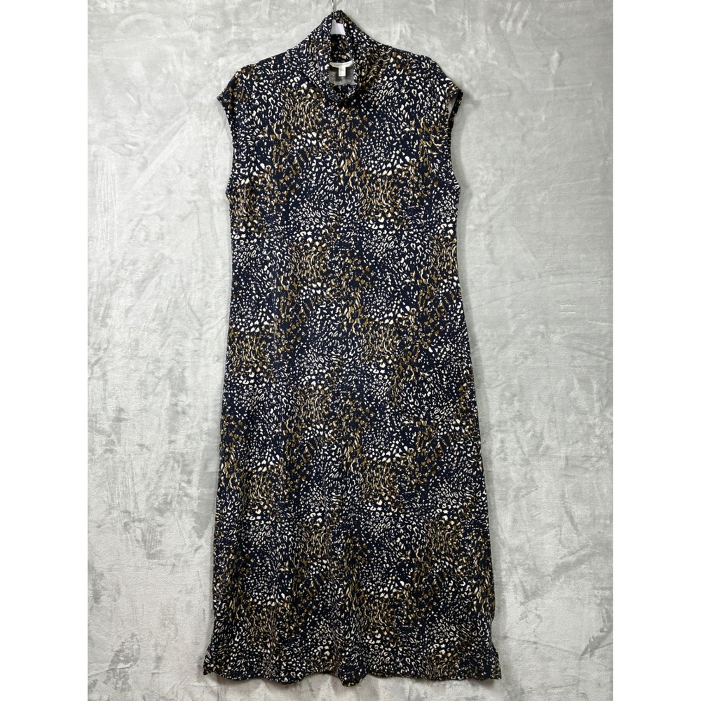 Garnet Hill Navy Tan Abstract Animal Print Mock Neck Midi Dress with Pockets L